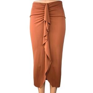 H&M Gusset Panel Brown Ruched Ruffle Draped Jersey Midi Straight Pencil Skirt XS